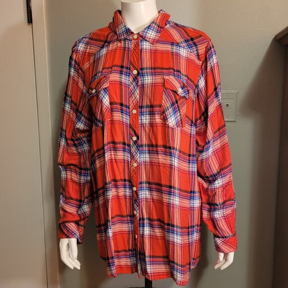 Torrid Plaid Button Front Shirt Women 4X Plus Long Sleeve Red Blue Rayon Casual - Picture 1 of 10